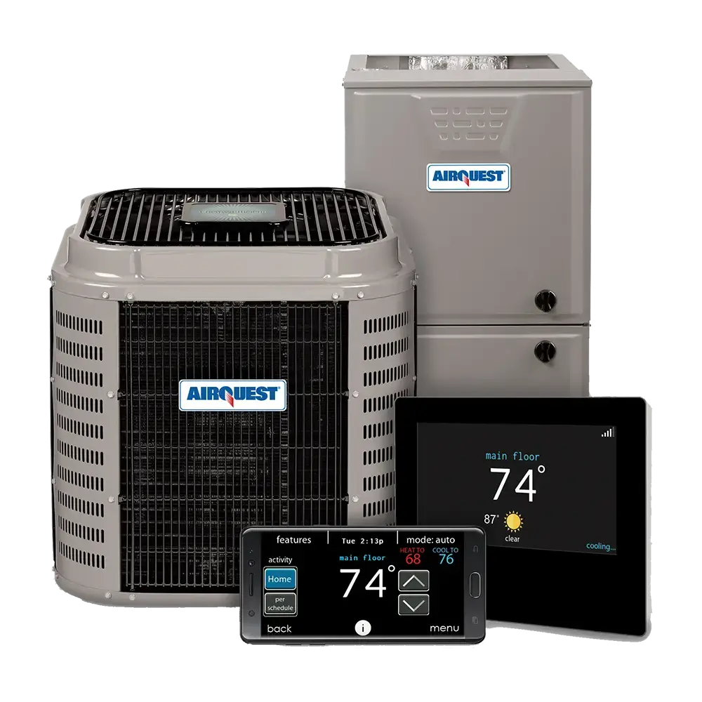 AirQuest outdoor AC unit, indoor furnace and smart thermostat installed by Great Lakes Comfort in Howell, Michigan