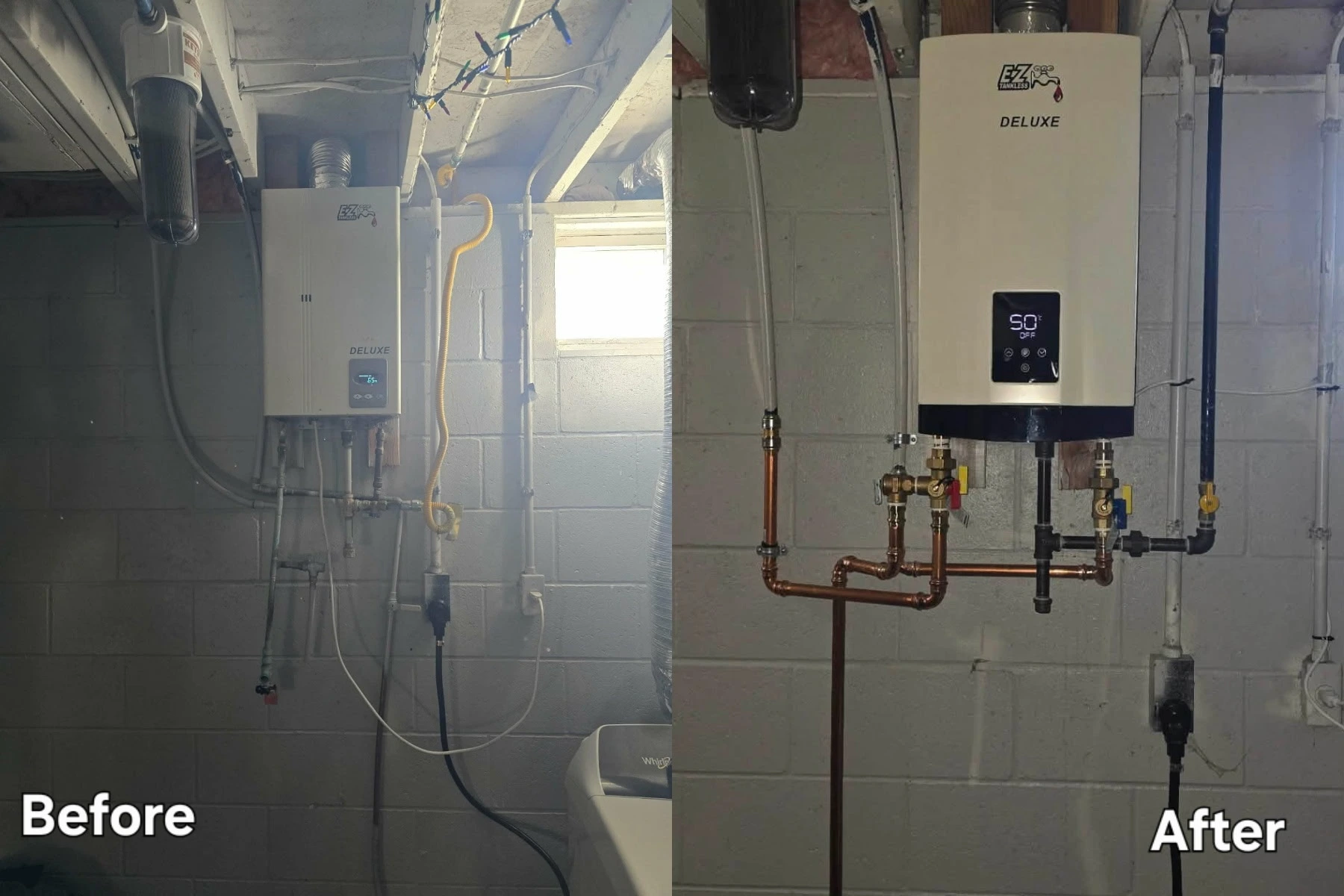 Before-and-after tankless water heater installation by Great Lakes Comfort in South Lyon, MI